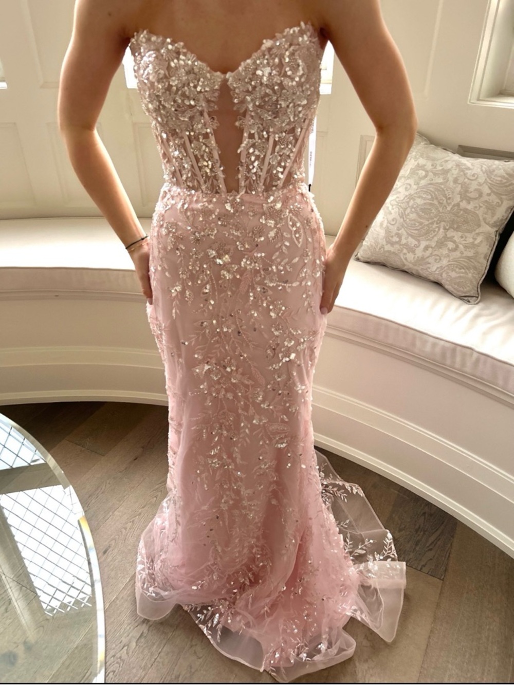 Sherri Hill Blush Pink Strapless Beaded Evening Gown